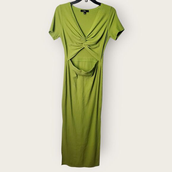 Lulus Green Ribbed Cutout Twist Front Midi Dress Size Large - Picture 2 of 8